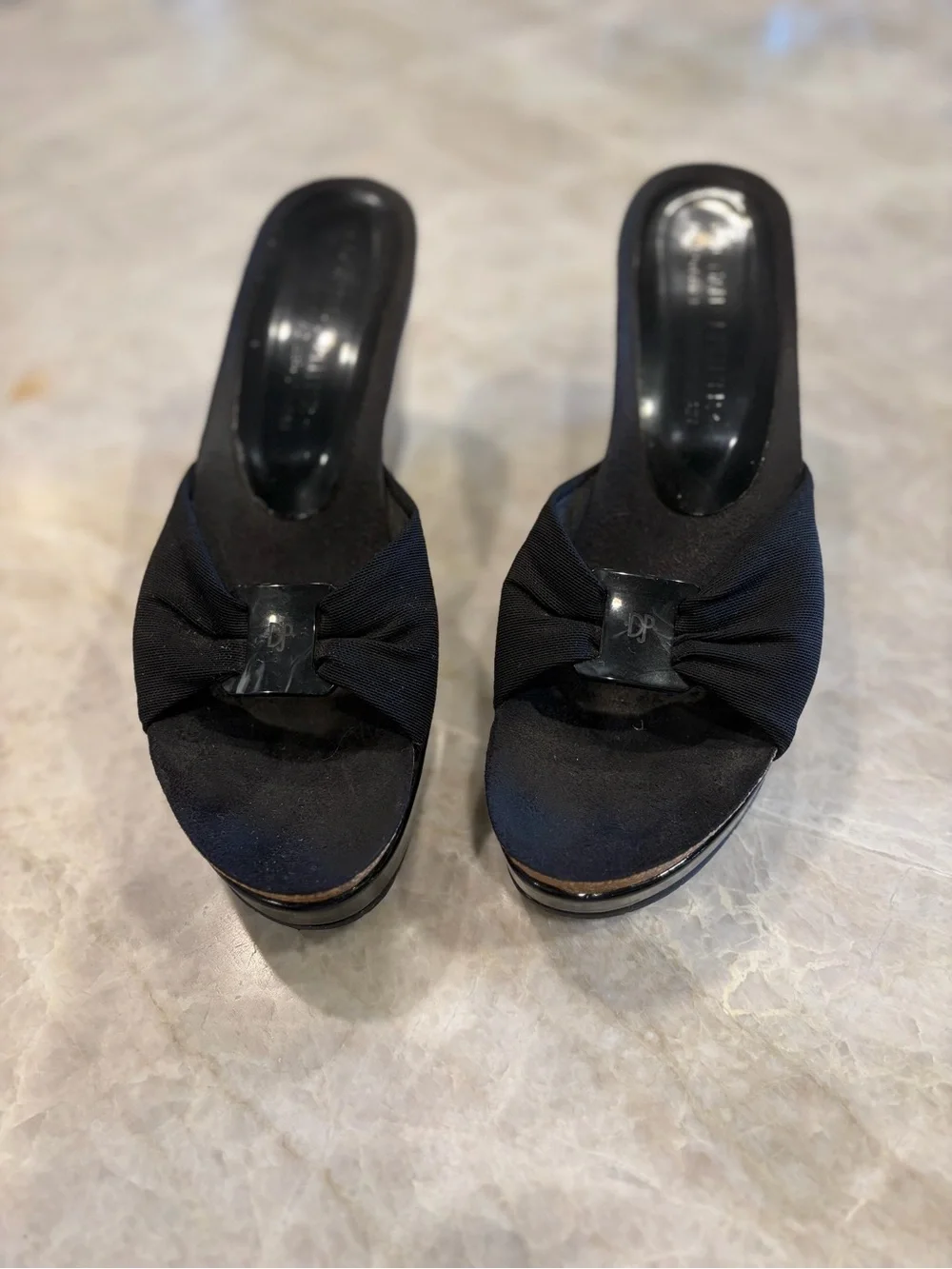 Donald J. Pliner Black Patent Leather & Cork Slide Wedges